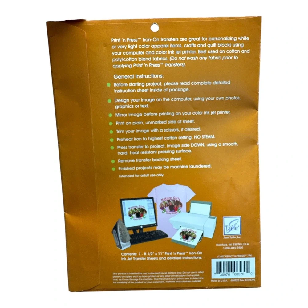 Tailor Print 'n Press Iron-On T-Shirt Transfer Inkjet Printer 7 Sheets 8.5X11